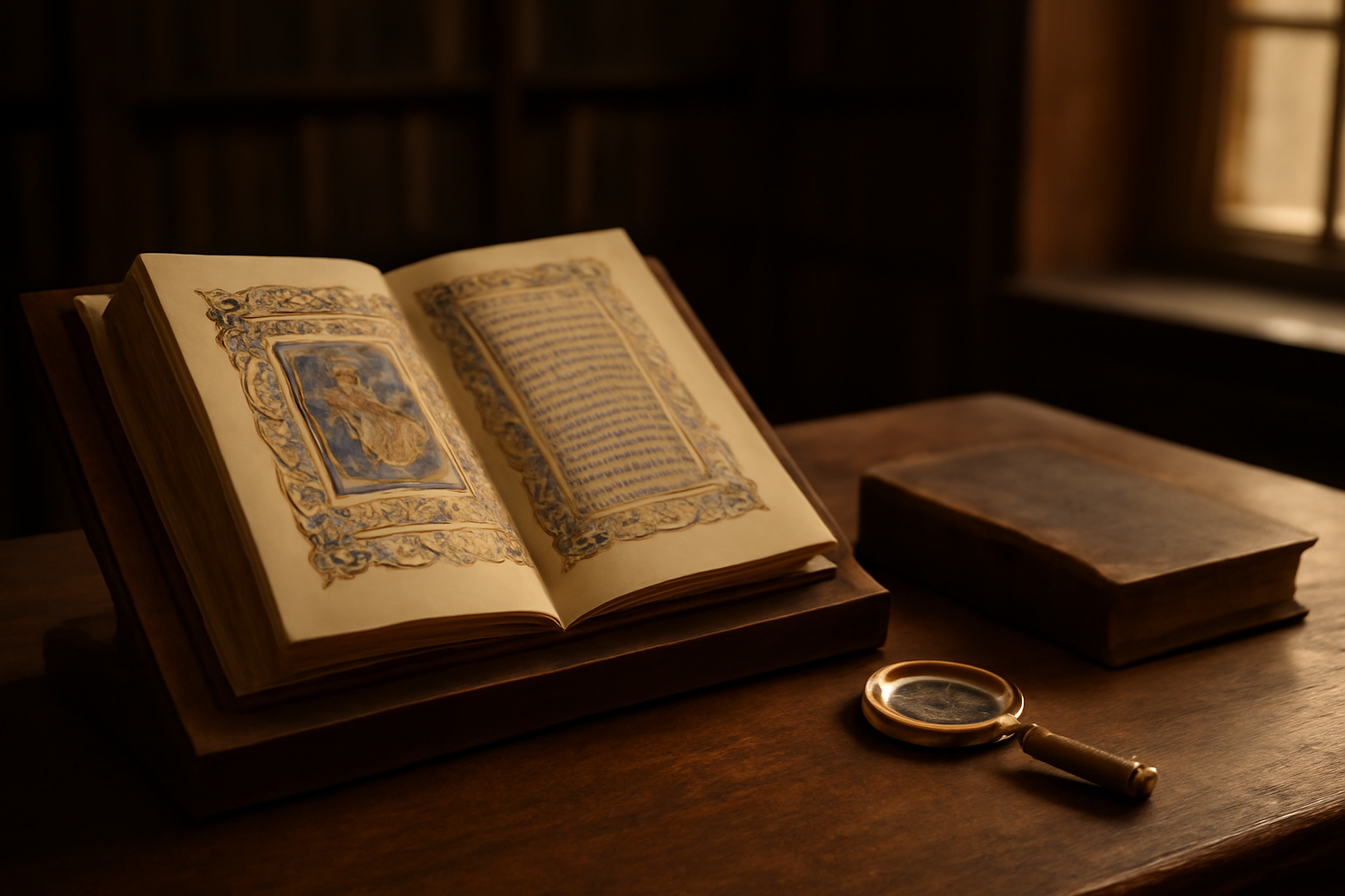 Naskah abad pertengahan terbuka di atas meja kayu dengan kaca pembesar dan buku kulit tertutup