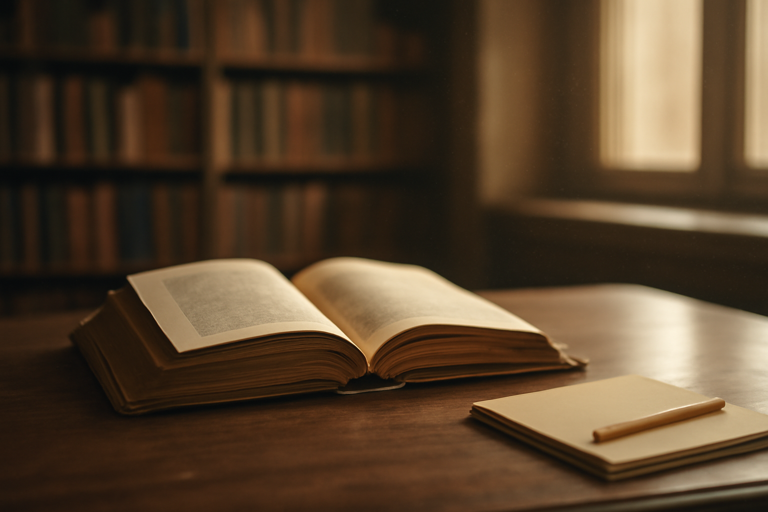 Buku prosa abad pertengahan terbuka di meja baca dengan buku catatan dan pensil di sampingnya