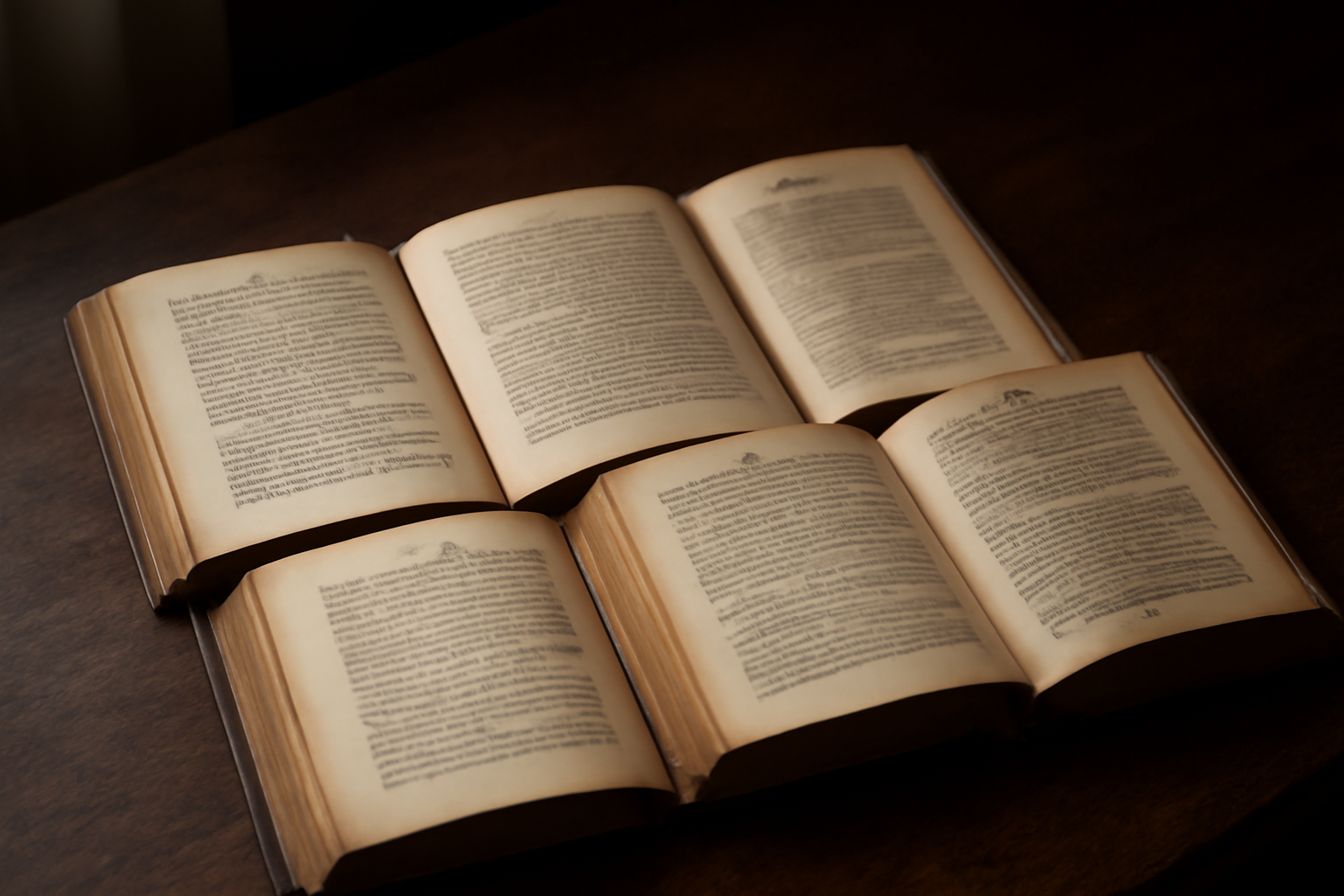 Empat buku abad pertengahan terbuka berdampingan di atas meja kayu untuk perbandingan jenis sastra