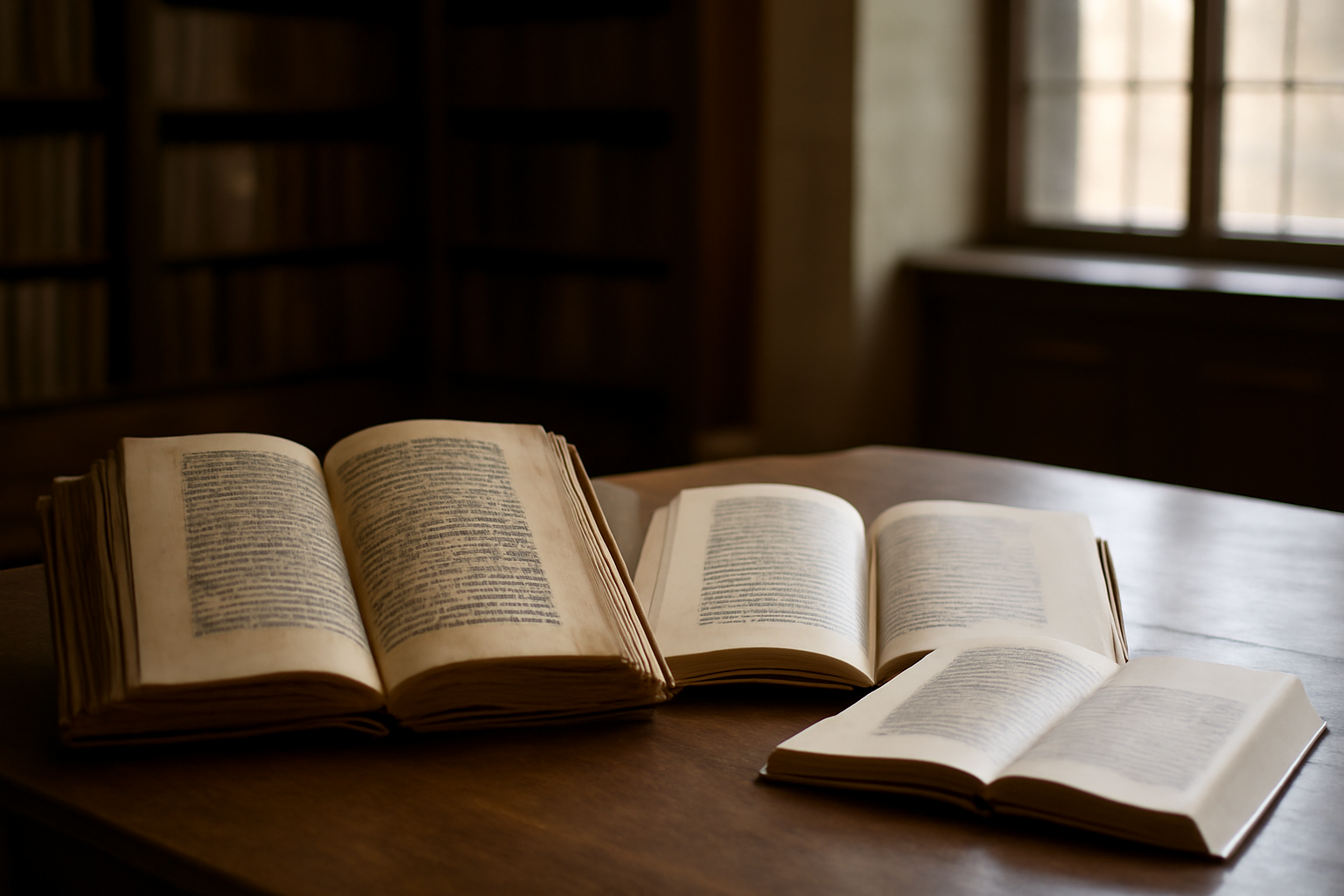 Tiga jenis naskah sastra abad pertengahan dibandingkan di atas meja baca perpustakaan